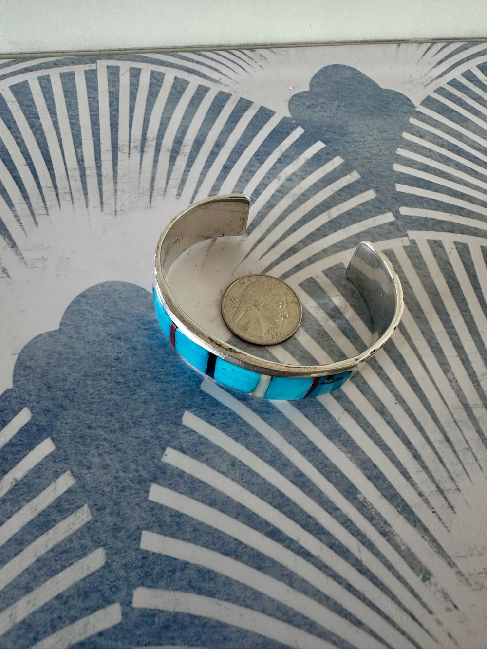 Vintage Native American Sterling Silver Turquoise Inlay Heavy Cuff Bracelet - Picture 13 of 16